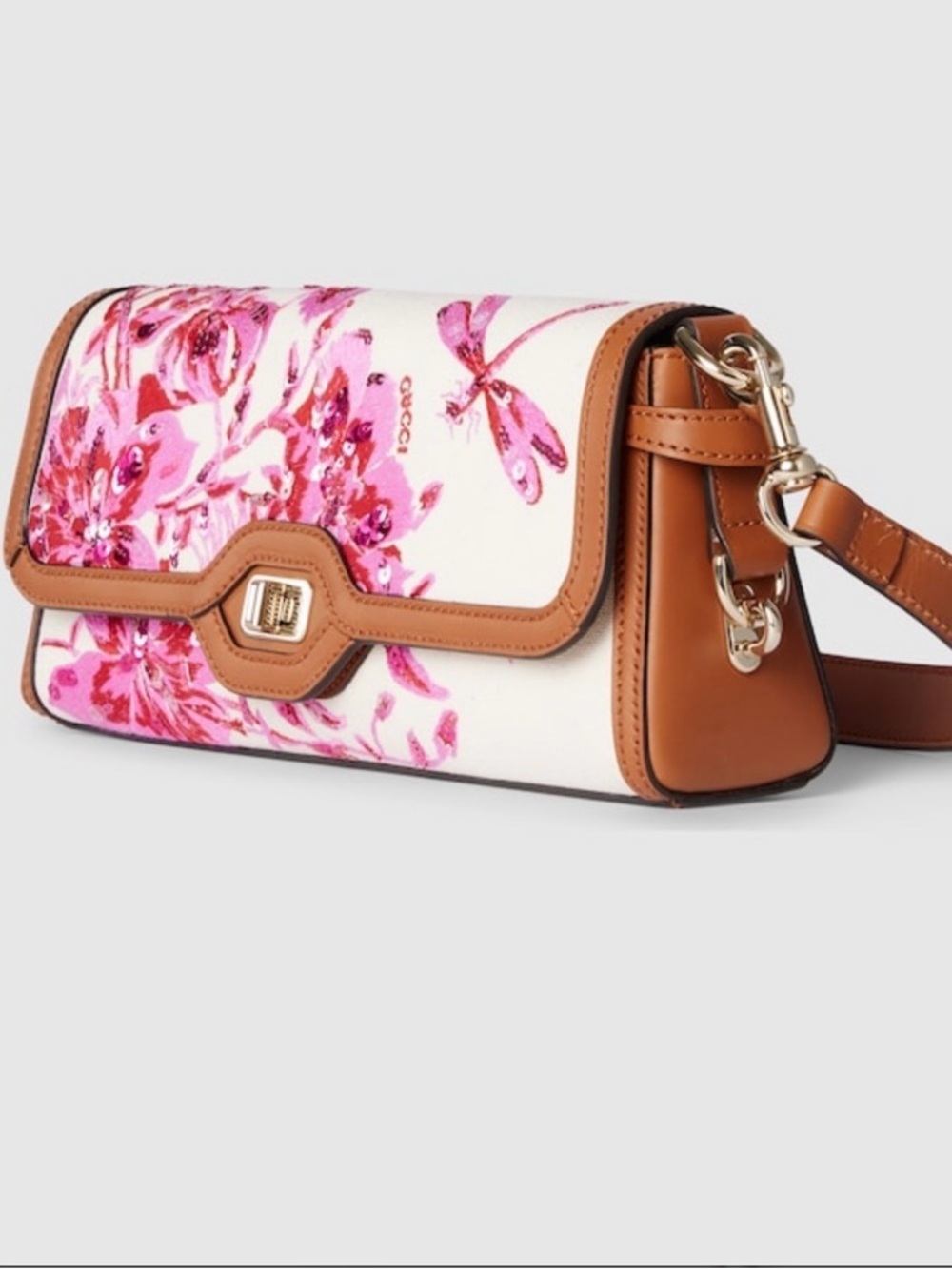 Gucci Luce Small Shoulder Bag In White And Pink Canvas With Light Gold-Toned